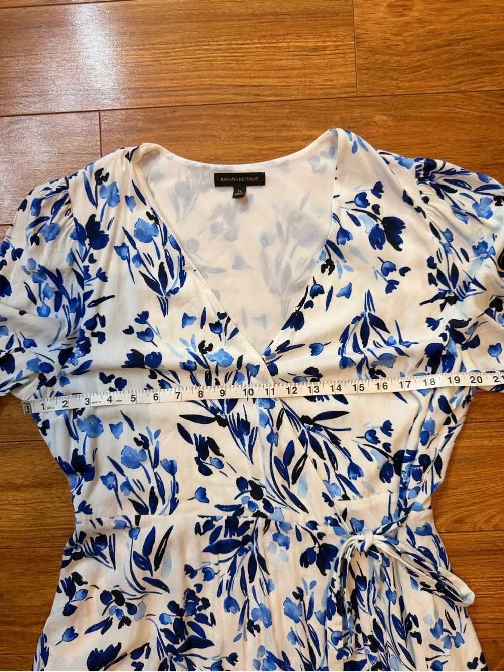Banana Republic Blue and White Floral Wrap Midi Dress with Side Tie